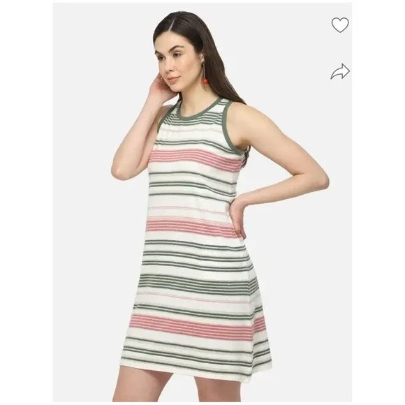 J Jill Women's Tank Dress Green Pink Striped Casual Preppy Lightweight Medium - Picture 7 of 12